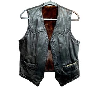 Vintage Vest Mens XS Black Fur Lined Motorcycle Leather Waistcoat 70s 80s